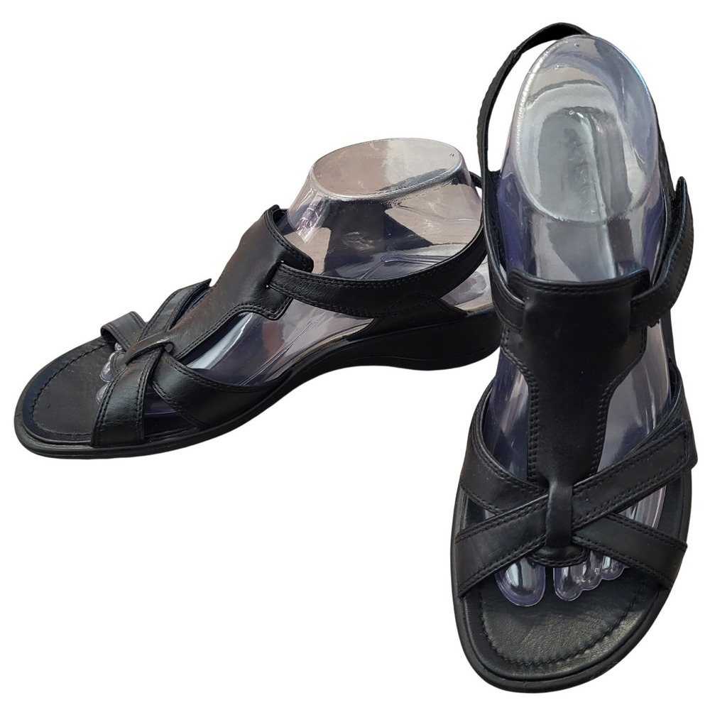 ECCO Women's Black Leather Low Wedge Slingback Strappy Sandals Size 40 US 9-9.5